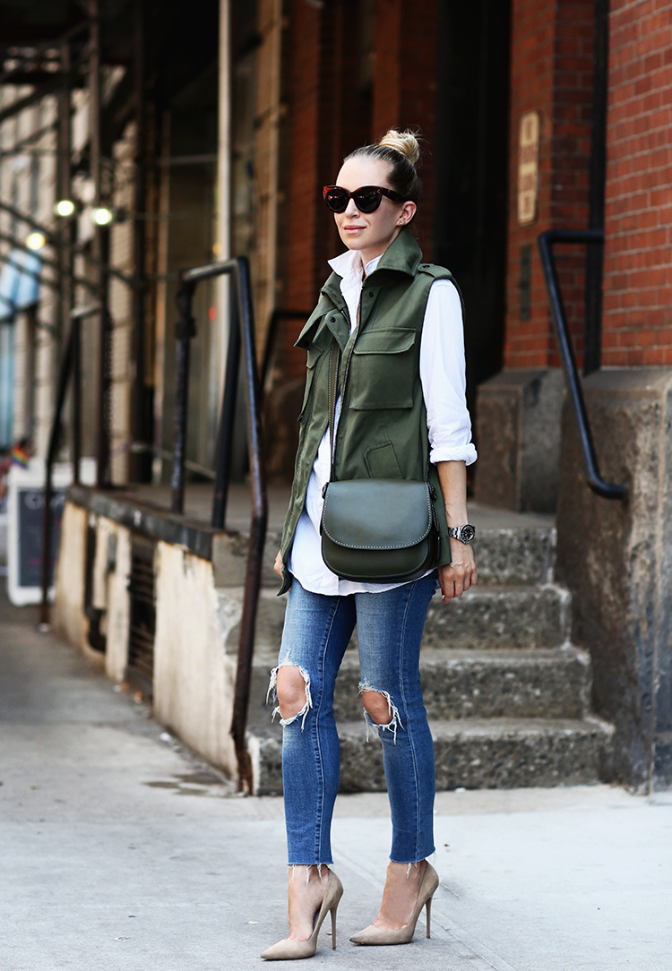 Marissa Webb Cargo Vest, Levi's 721 Skinny Jeans Jeans, Coach Saddle Bag, and Jimmy Choo Shoes - Helena of Brooklyn Blonde