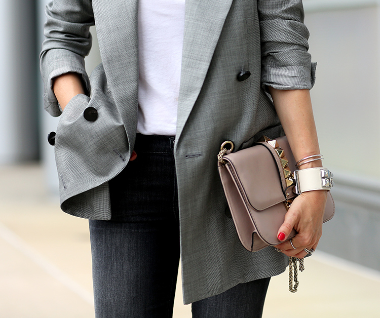 oversized boyfriend blazer, valentino rockstud bag and hermes CDC cuff.