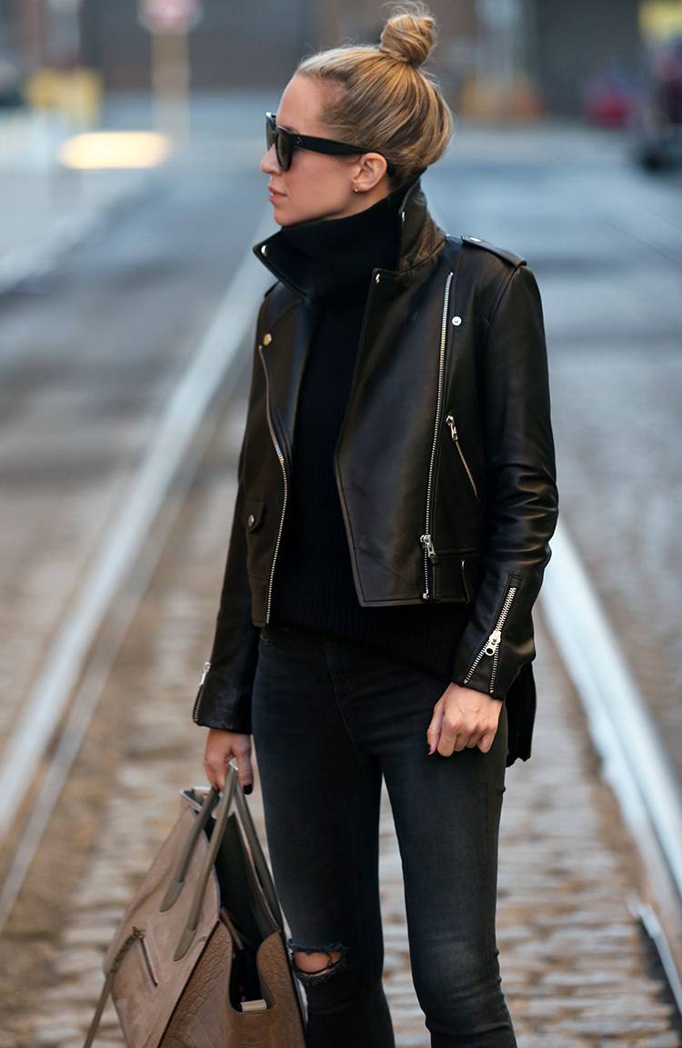 woman in Mackage Baya Black Leather Jacket and black pants for for what I'm buying for fall