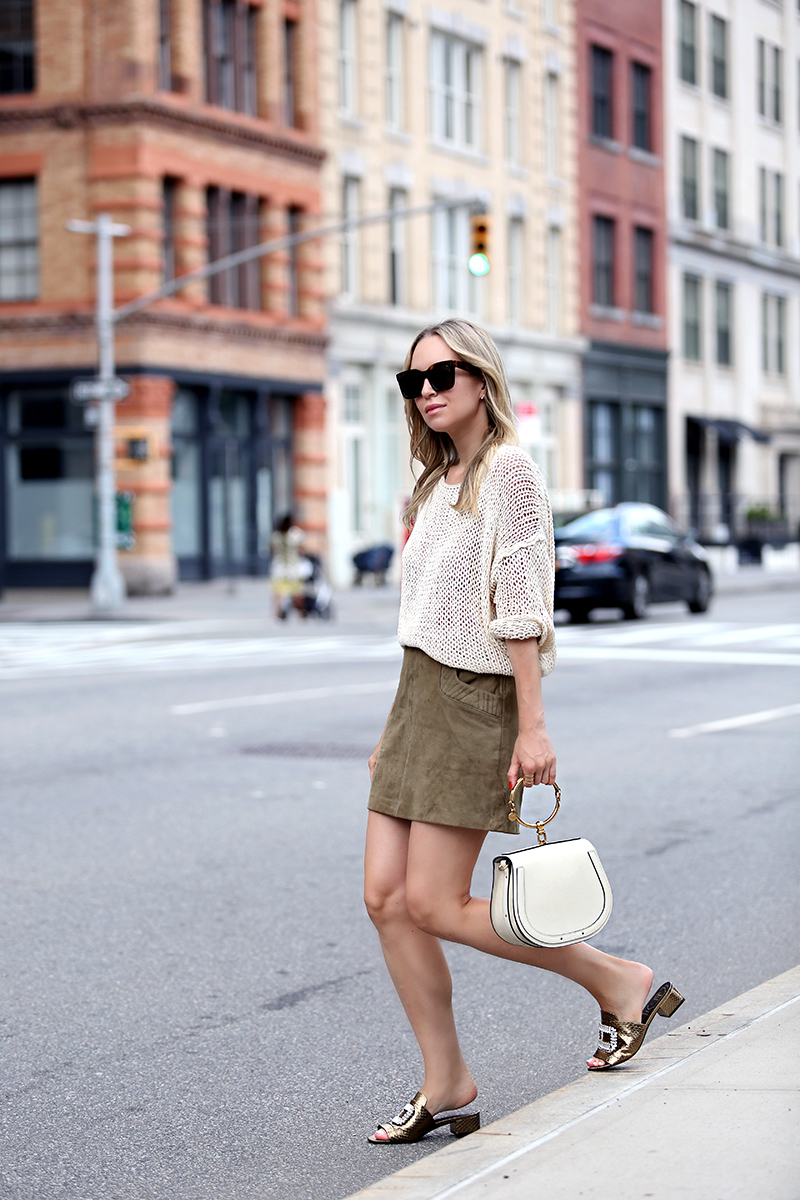 Comfortable stylish shoes - Helena of Brooklyn Blonde wearing Zara knit sweater, Maje Skirt, Roger Vivier x My Theresa shoes, Chloe Nile bag