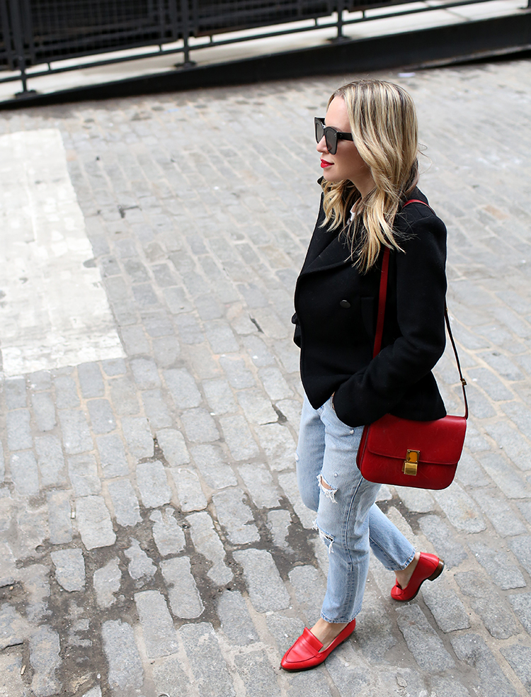 Peacoat Outfit, Red Loafers, Helena of Brooklyn Blonde