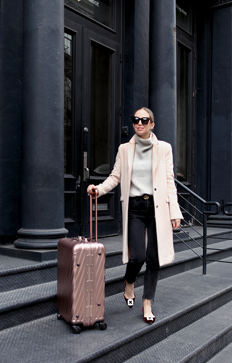 Travel Outfit, Tumi Rose Gold Luggage, Helena of Brooklyn Blonde