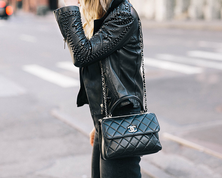Helena of Brooklyn Blonde blog wearing Nour Hammour, Leather Jacket, Chanel Trendy CC Bag, 