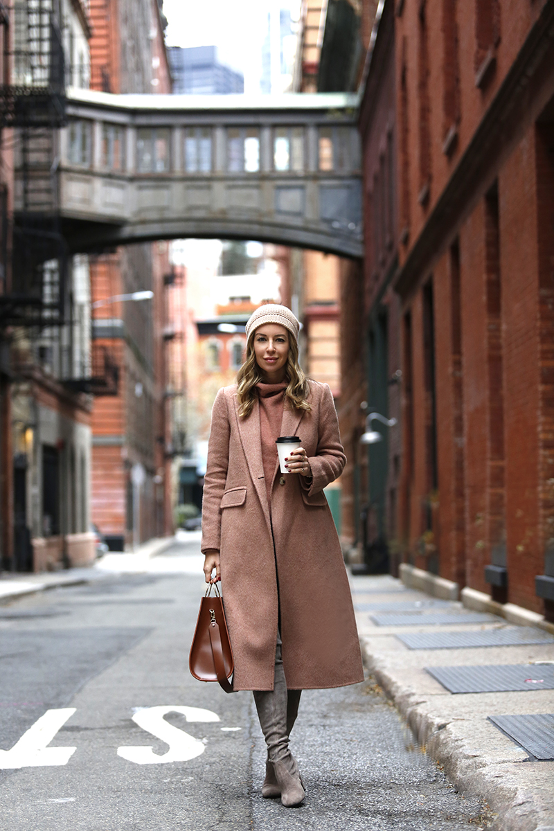 Vince Alpaca Blend Coat Holiday Dressing: Vintage Rose | Vince Long Wool Alpaca Blend Coat in Blush, Winter Monochromatic Outfit, Helena of Brooklyn Blonde