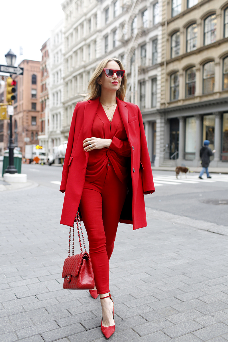all-red outfit style red monochromatic outfit, all red outfit, L'Agence Red Margot Jean, L'Agence Red Mariposa Blouse, Helena of Brooklyn Blonde