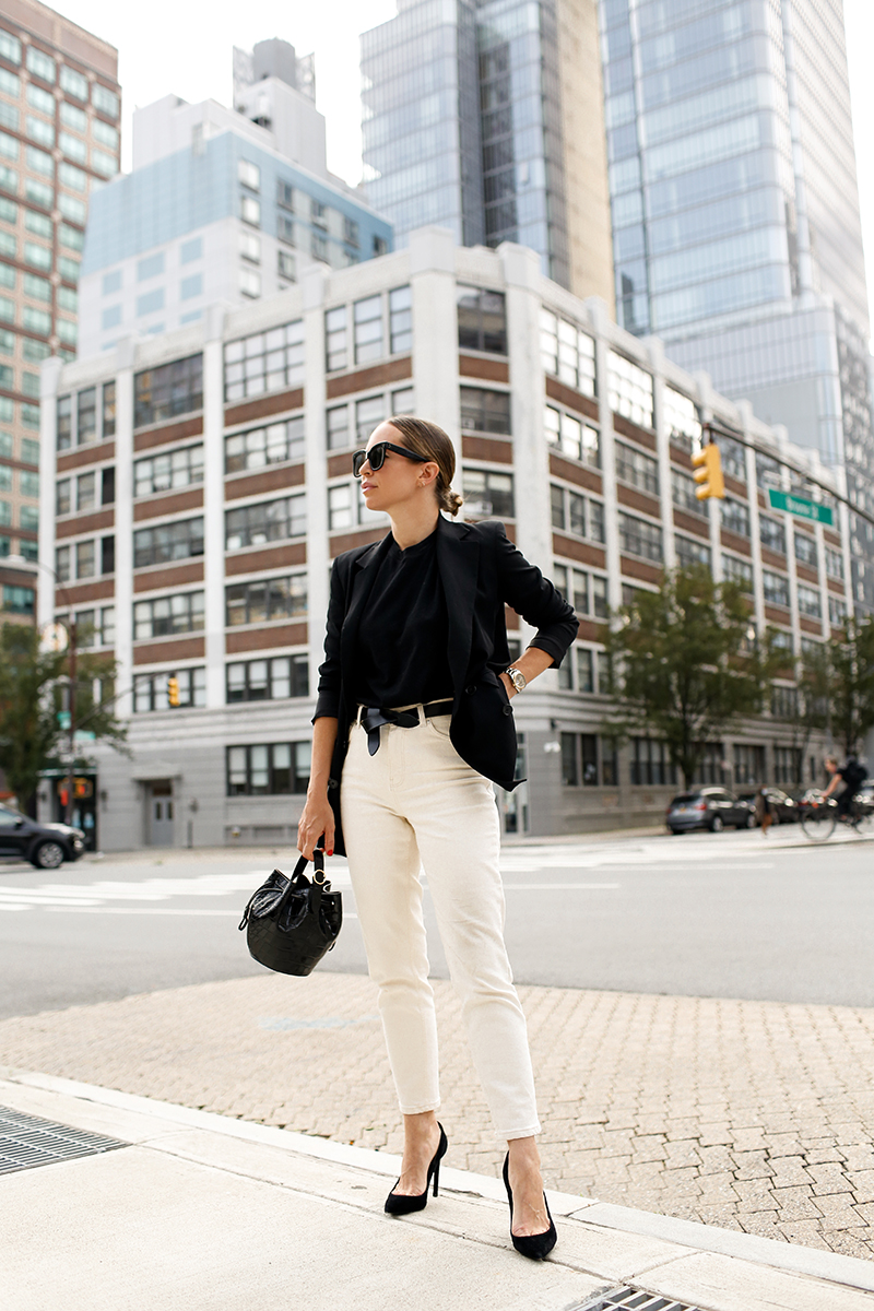 Isabel Marant Lecce Belt, Black Blazer Outfit, Cuyana Mini Drawstring Bucket Bag, Fall Structured Style, Helena of Brooklyn Blonde
