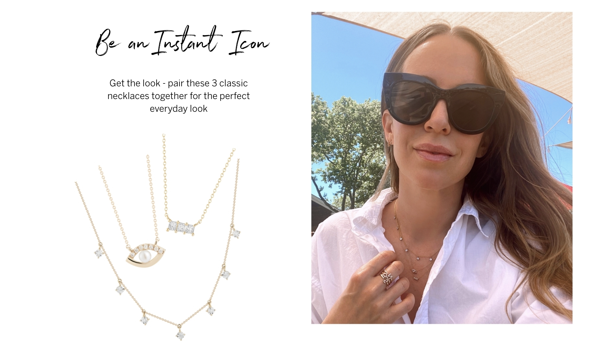 collage of necklaces and a woman wearing the necklaces collage of necklaces and a woman wearing the necklaces
