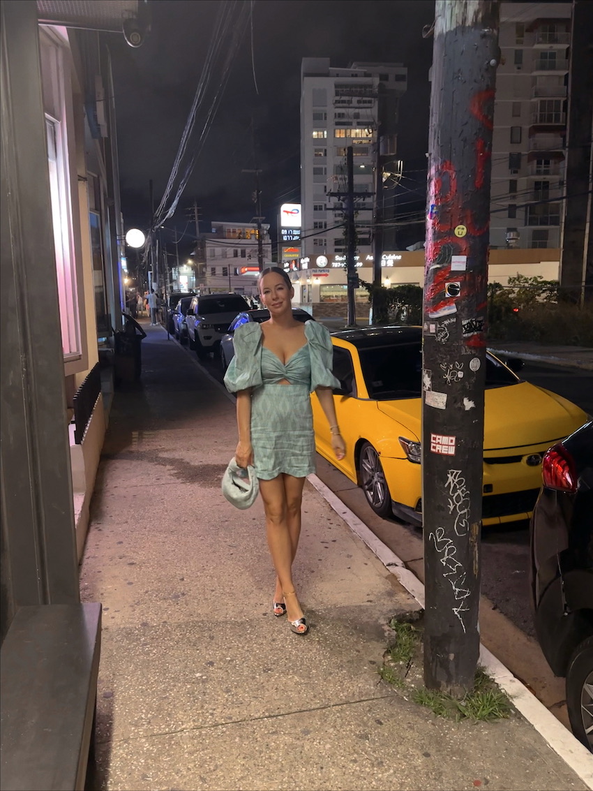 Helena Glazer in Rhode Dali Linen Geometric Puff-Sleeve Dress for her Girls Trip to Puerto Rico